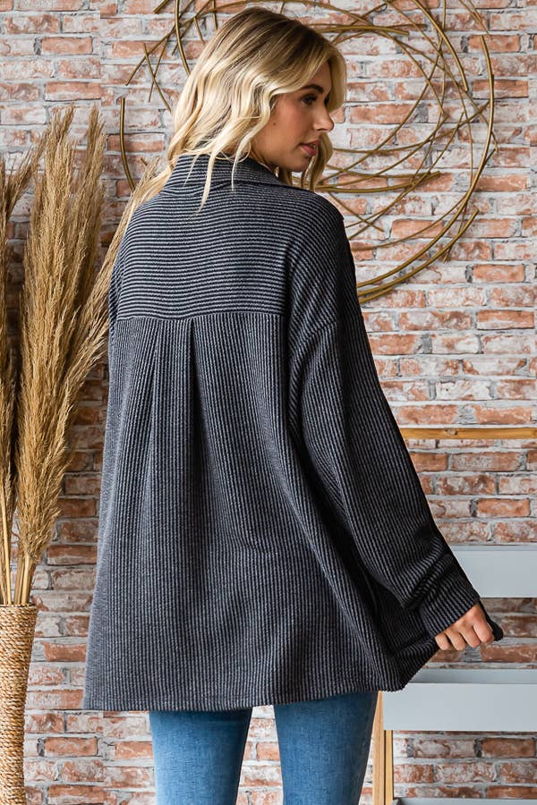 Button Down Side Pockets Long Sleeve Shacket