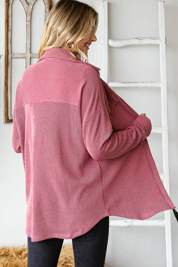 Rib Drop Shoulder Patch Pockets Button Down Shacket T4806