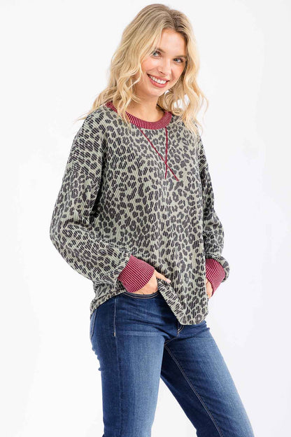 Rib Animal Print Drop Shoulder V Seam Long Sleeve Top T5817