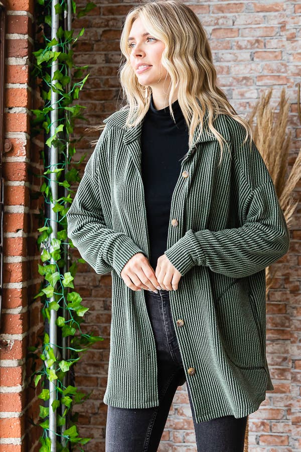 Button Down Side Pockets Long Sleeve Shacket