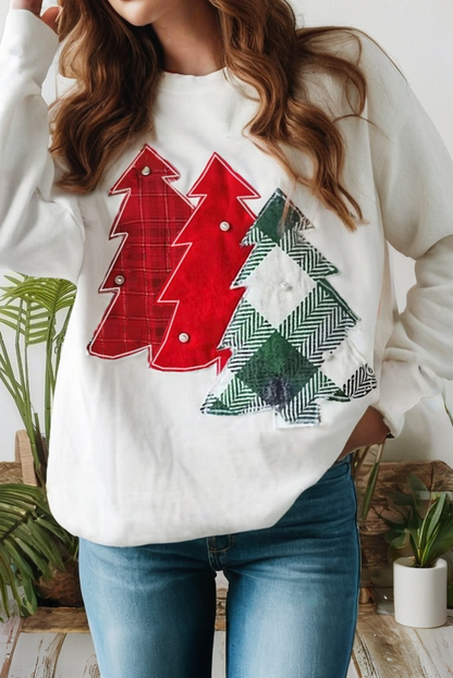 Pearl Plaid Christmas Tree Patched Sweatshirt