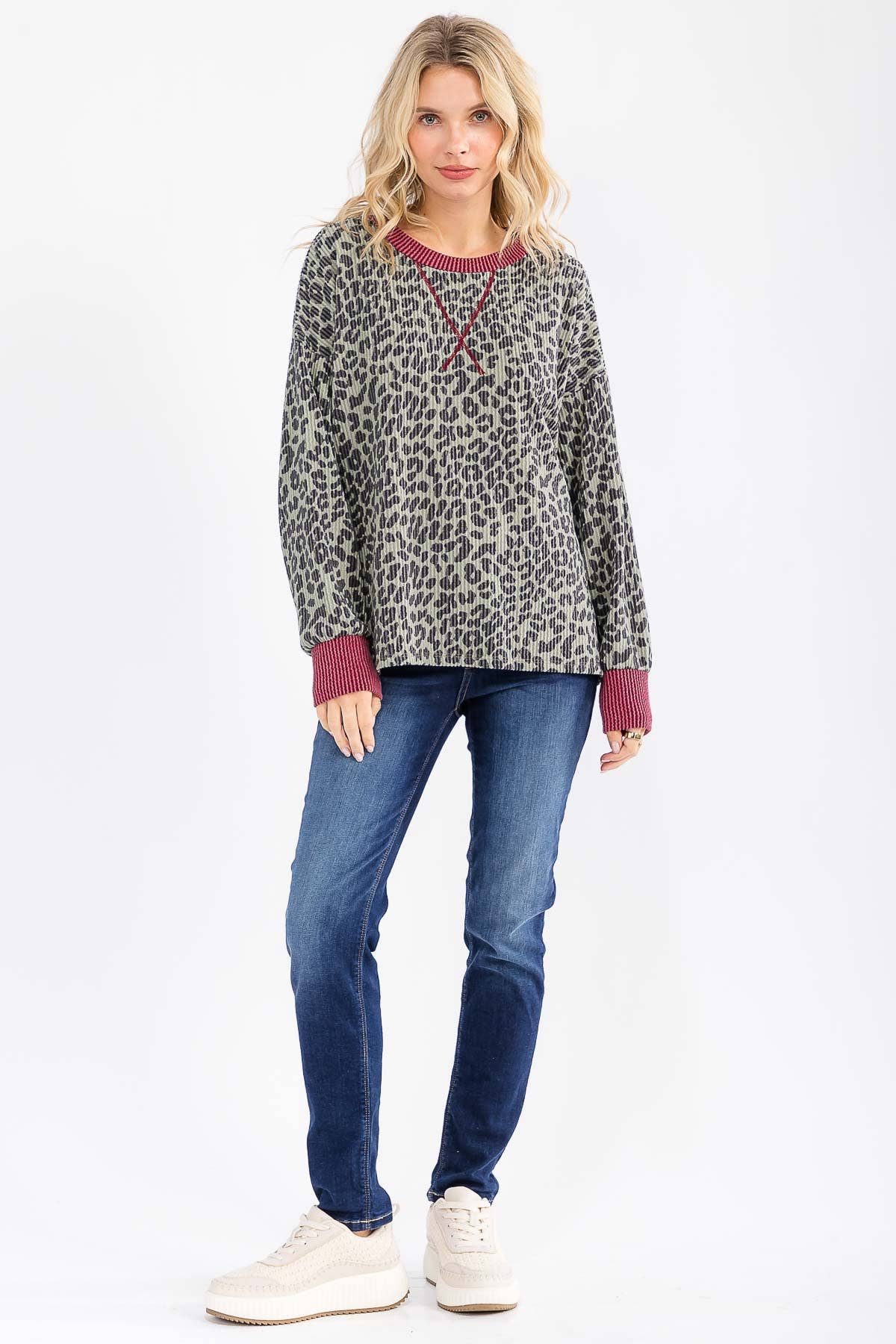 Rib Animal Print Drop Shoulder V Seam Long Sleeve Top T5817