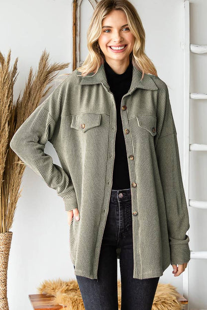 Rib Drop Shoulder Patch Pockets Button Down Shacket T4806