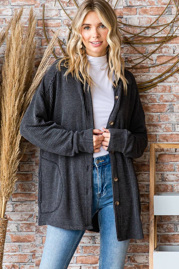 Button Down Side Pockets Long Sleeve Shacket