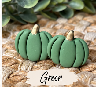 Colorful pumpkin stud earrings in orange, pink, green, blue, white, black, leopard print, and other fall colors displayed together.