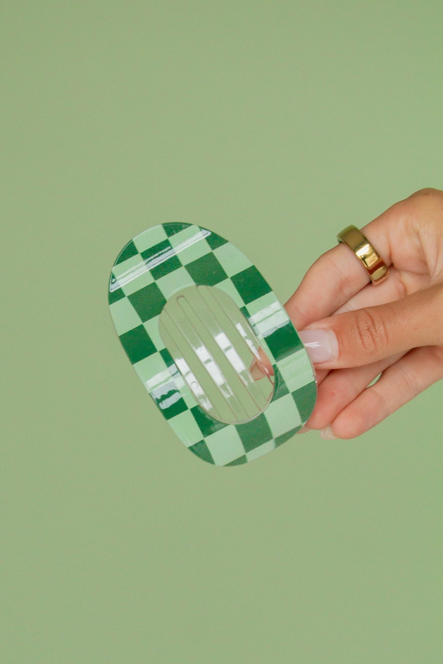 Checkered Circle Cutout Hair Clip-Green