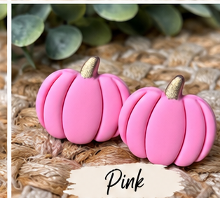 Colorful pumpkin stud earrings in orange, pink, green, blue, white, black, leopard print, and other fall colors displayed together.